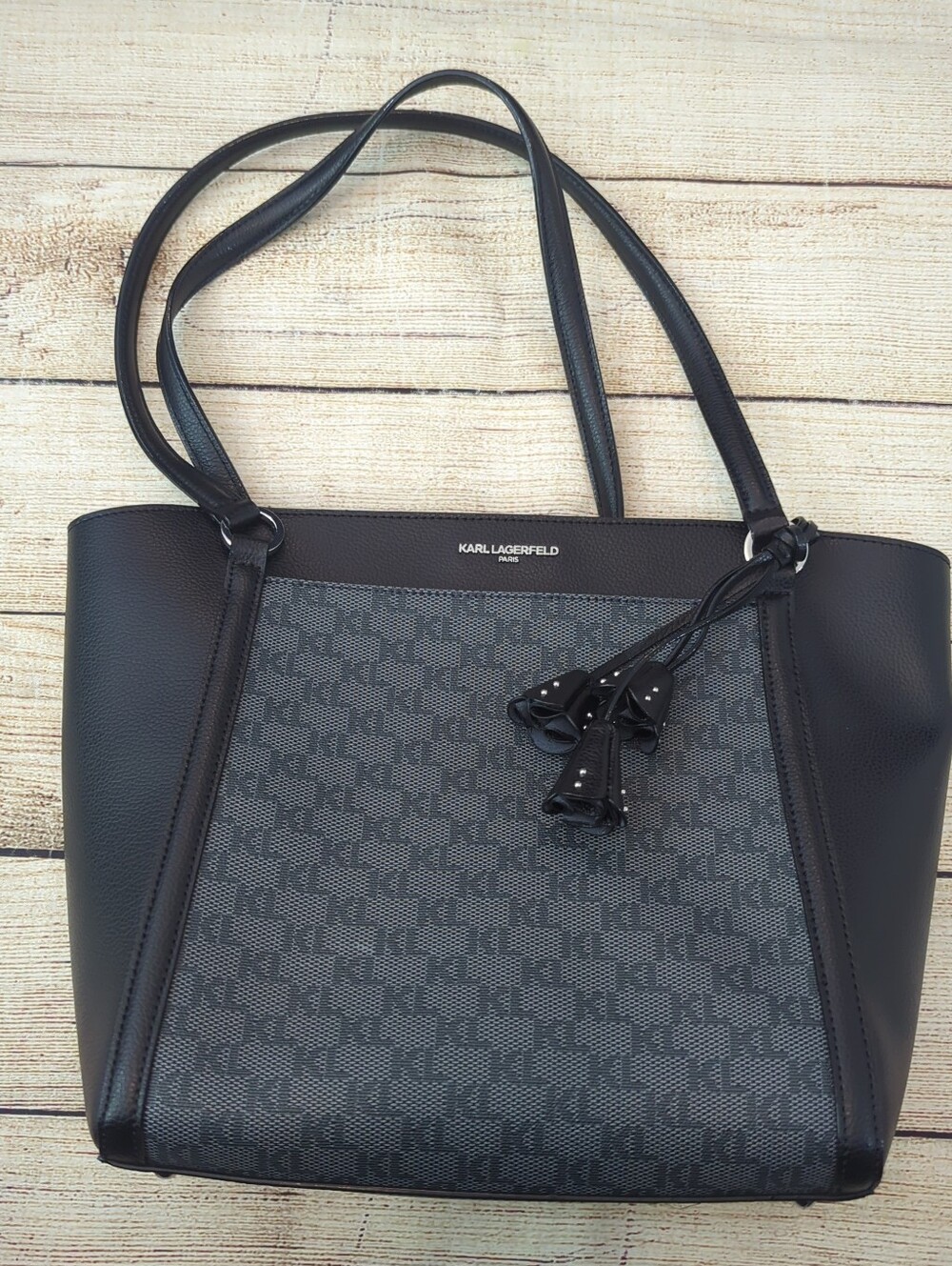 Karl Lagerfeld Black/Gray Monogram Bag Logo Print Purse New Without Tags